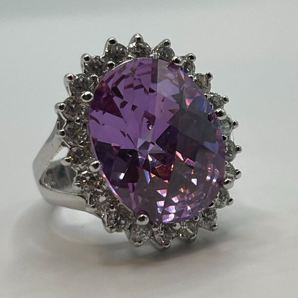 Large Oval Purple CZ & Clear Accents Sterling Silver Ring 925 Marked - Picture 2 of 11